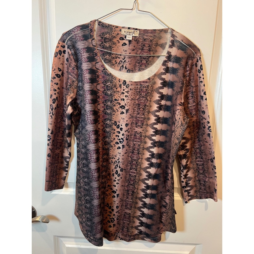 One World Womens Top Animal Print Studded Brown Medium